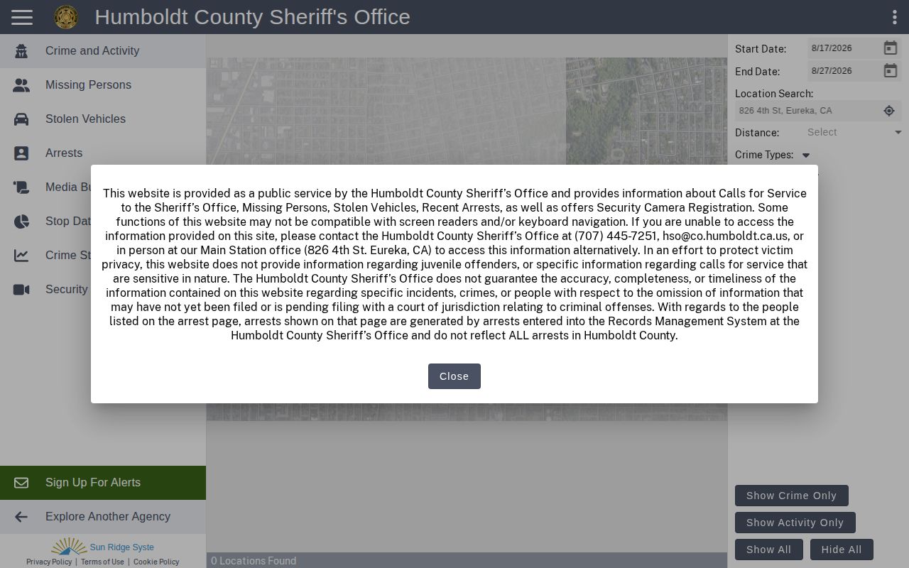 Humboldt County current-custody roster search interface